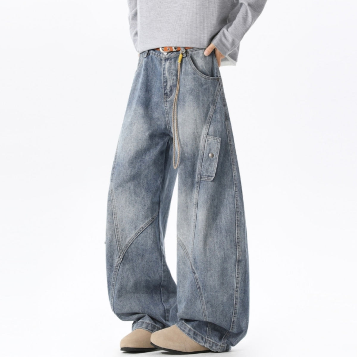 Wide-leg curved denim jeans D0310