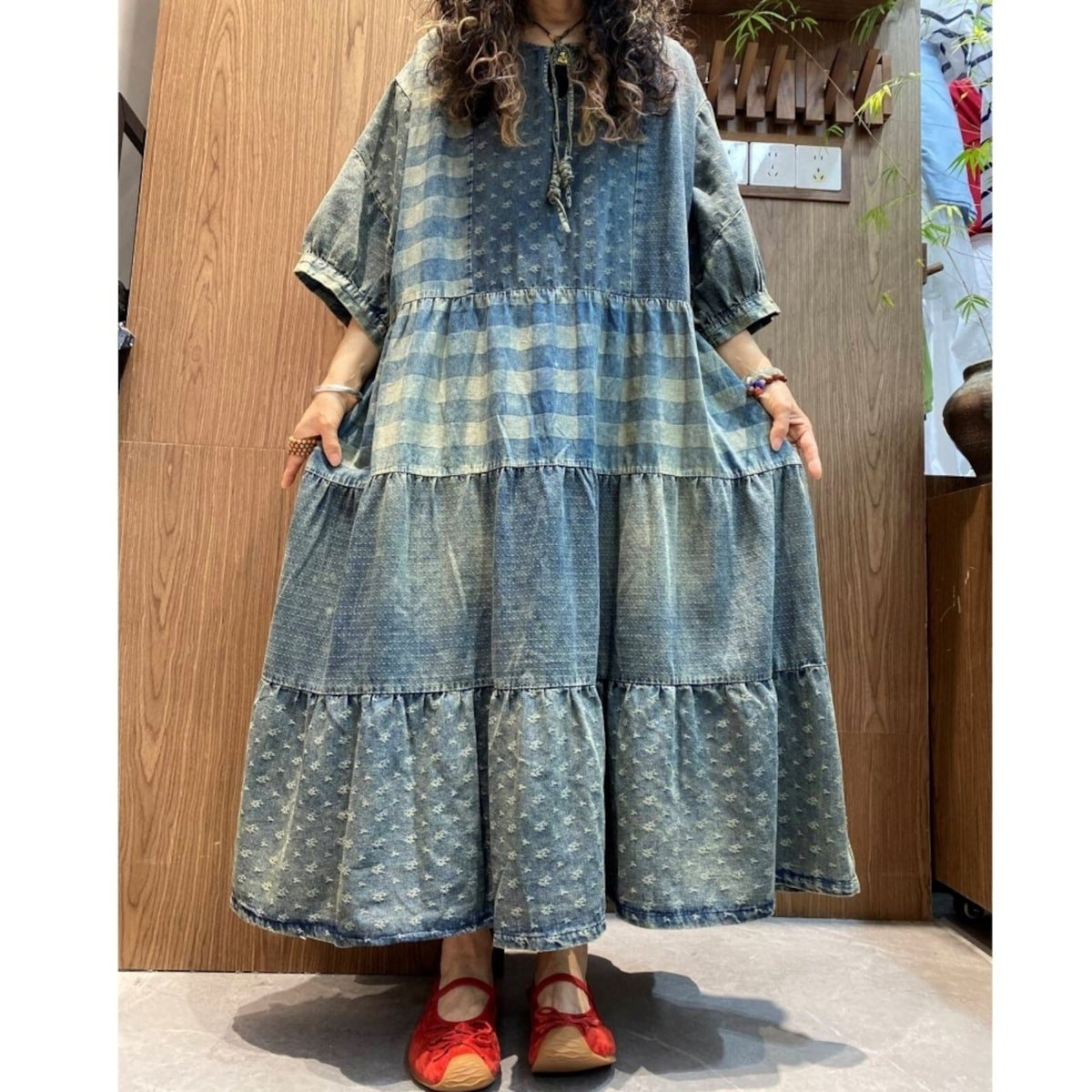 Loose-fit long denim dress D0305
