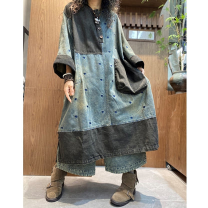 Heart-Embroidered Denim Dress D0304