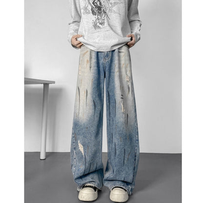 Wide-leg distressed denim jeans D0302