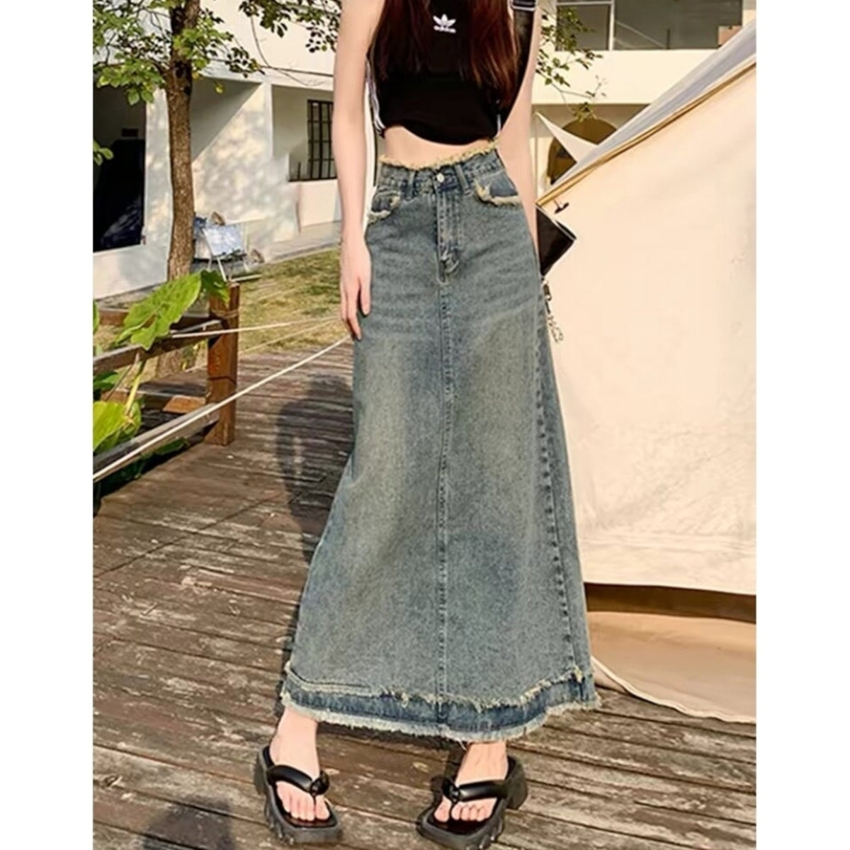 Fringed denim skirt D0314