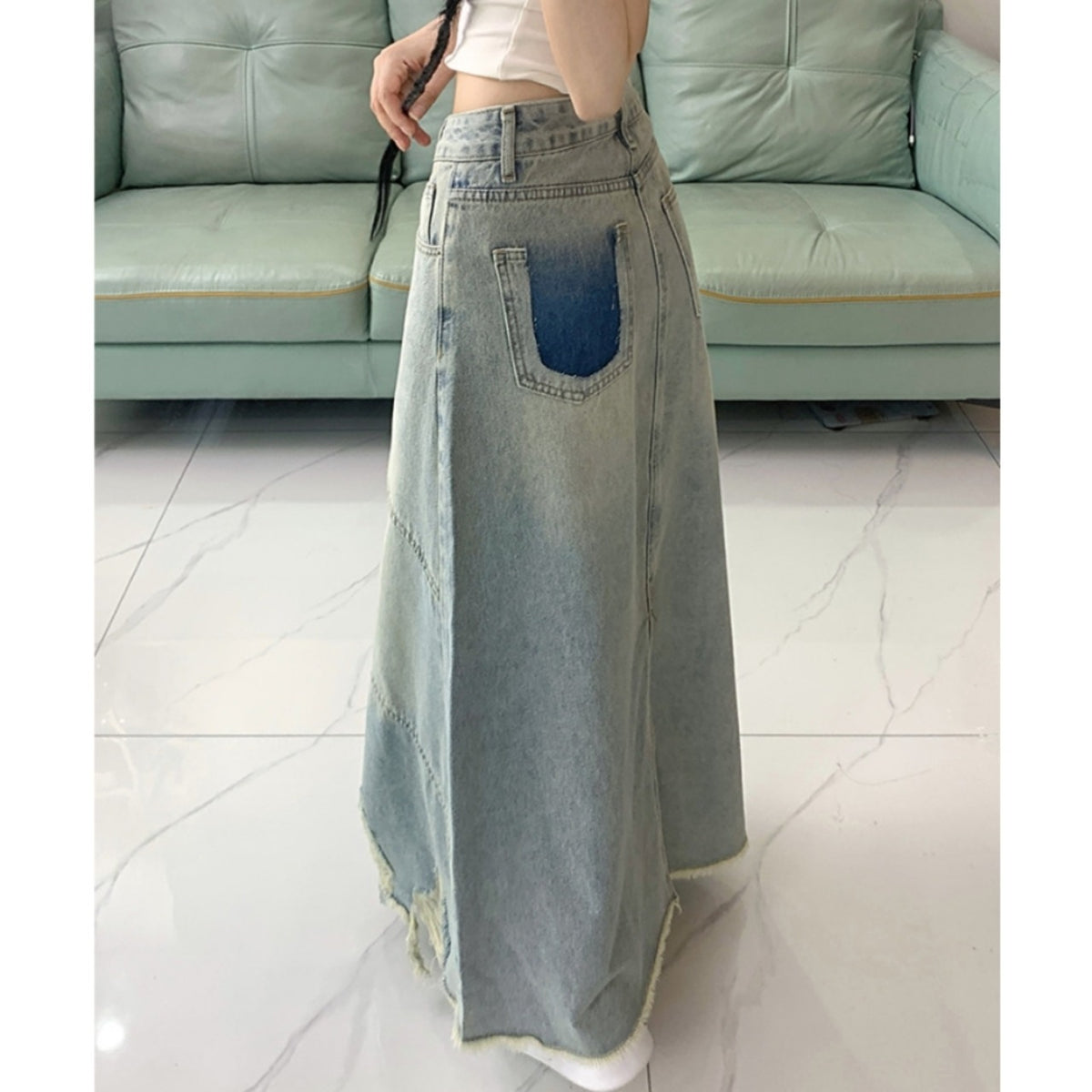 High-waisted long denim skirt D0313