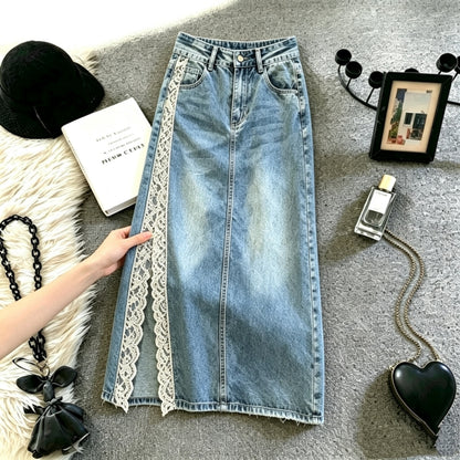 Lace-Slit Denim Skirt D0308