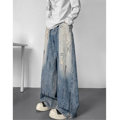 Wide-leg distressed denim jeans D0302