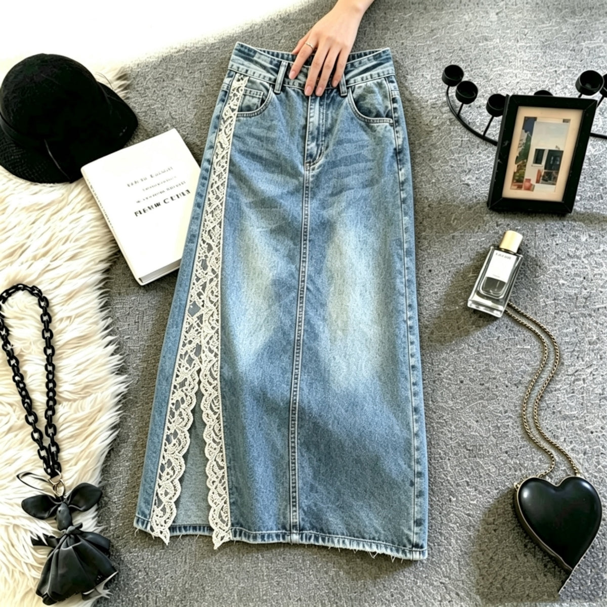 Lace-Slit Denim Skirt D0308