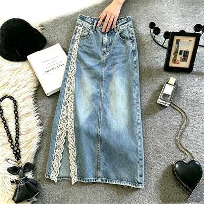 Lace-Slit Denim Skirt D0308