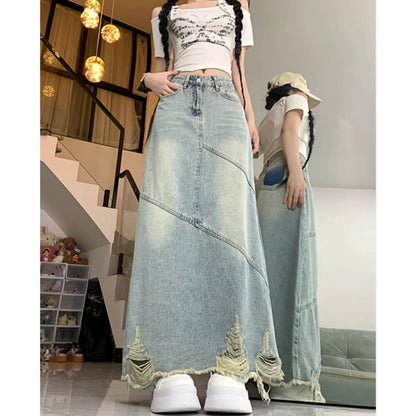High-waisted long denim skirt D0313