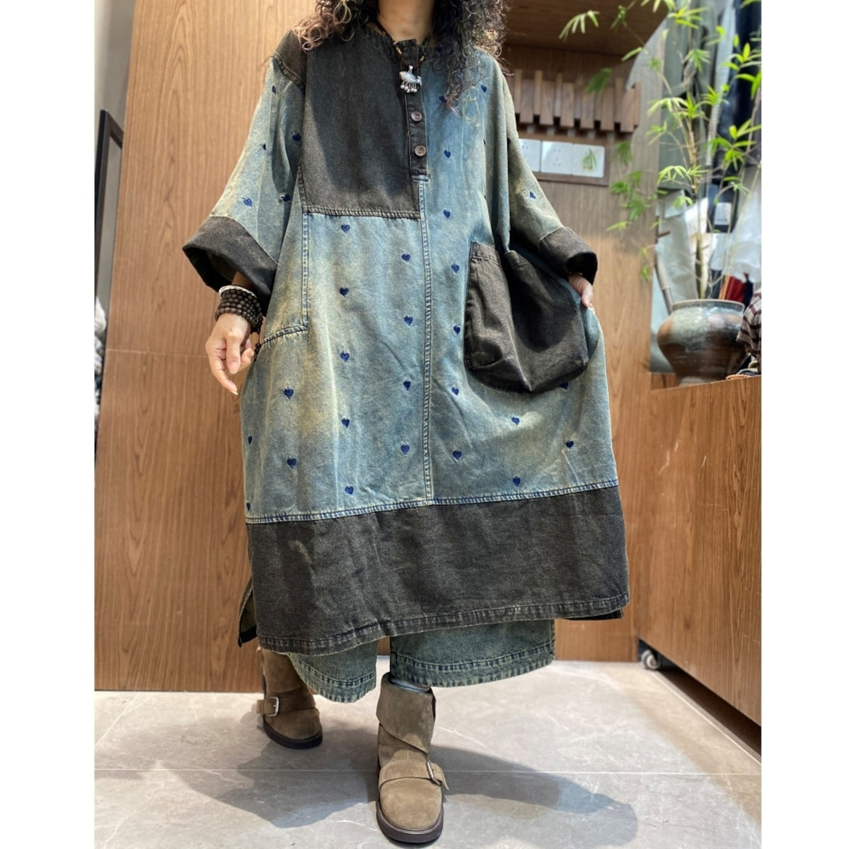 Heart-Embroidered Denim Dress D0304