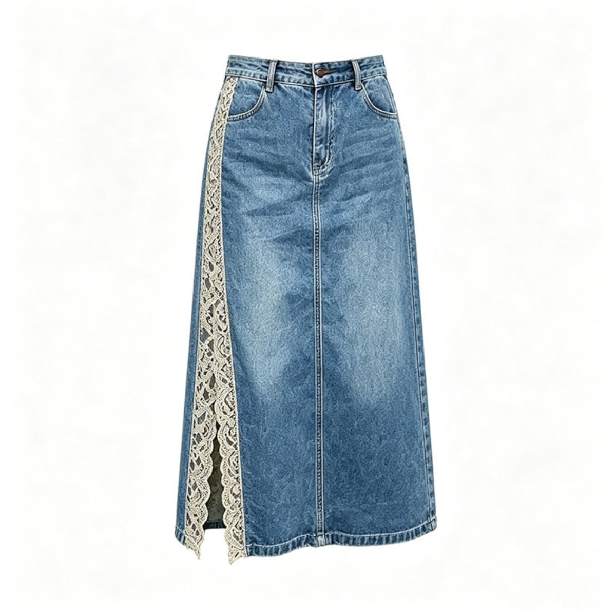 Lace-Slit Denim Skirt D0308