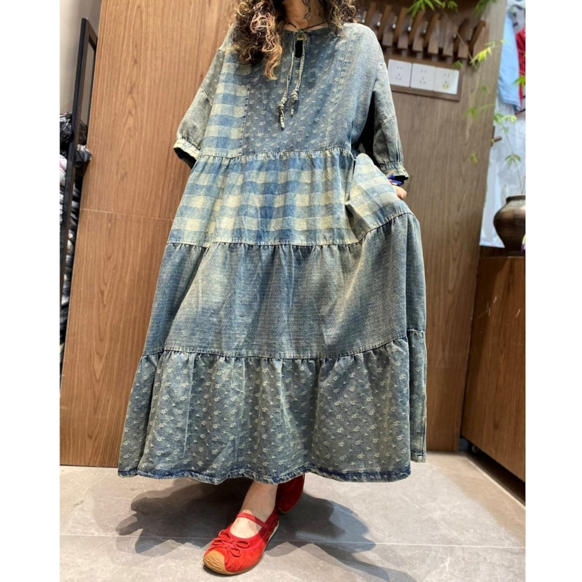 Loose-fit long denim dress D0305
