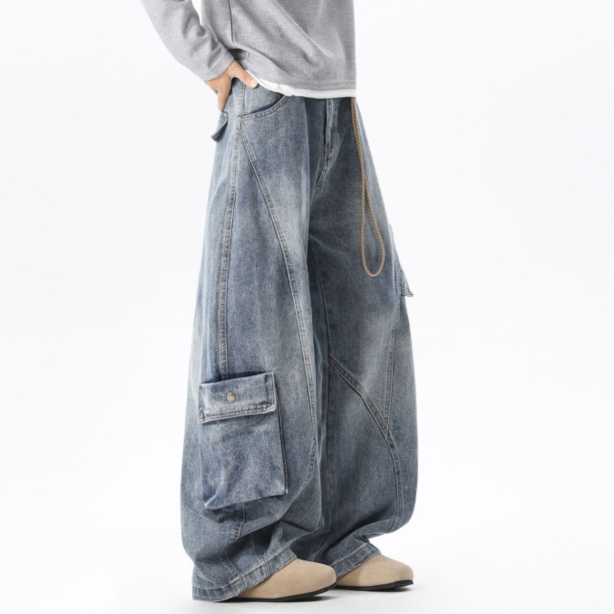 Wide-leg curved denim jeans D0310