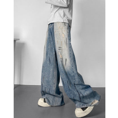 Wide-leg distressed denim jeans D0302
