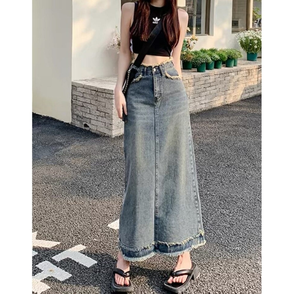 Fringed denim skirt D0314