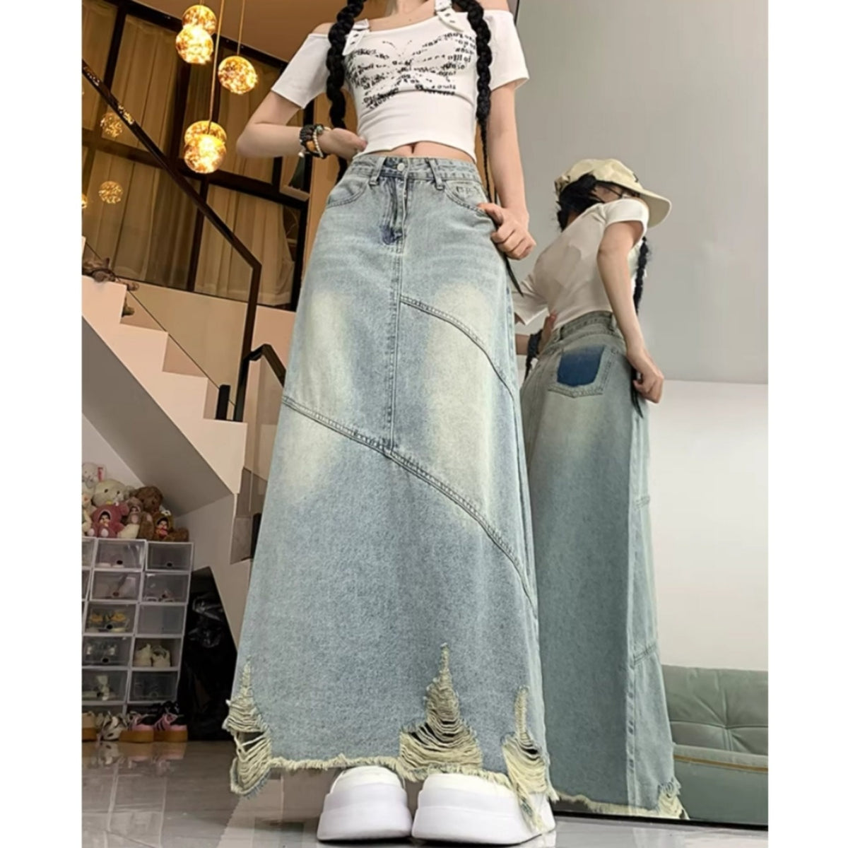 High-waisted long denim skirt D0313