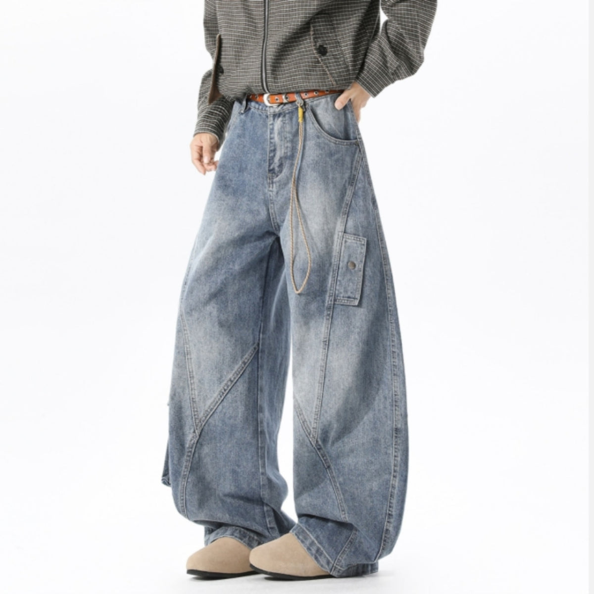 Wide-leg curved denim jeans D0310