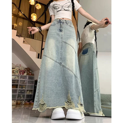 High-waisted long denim skirt D0313