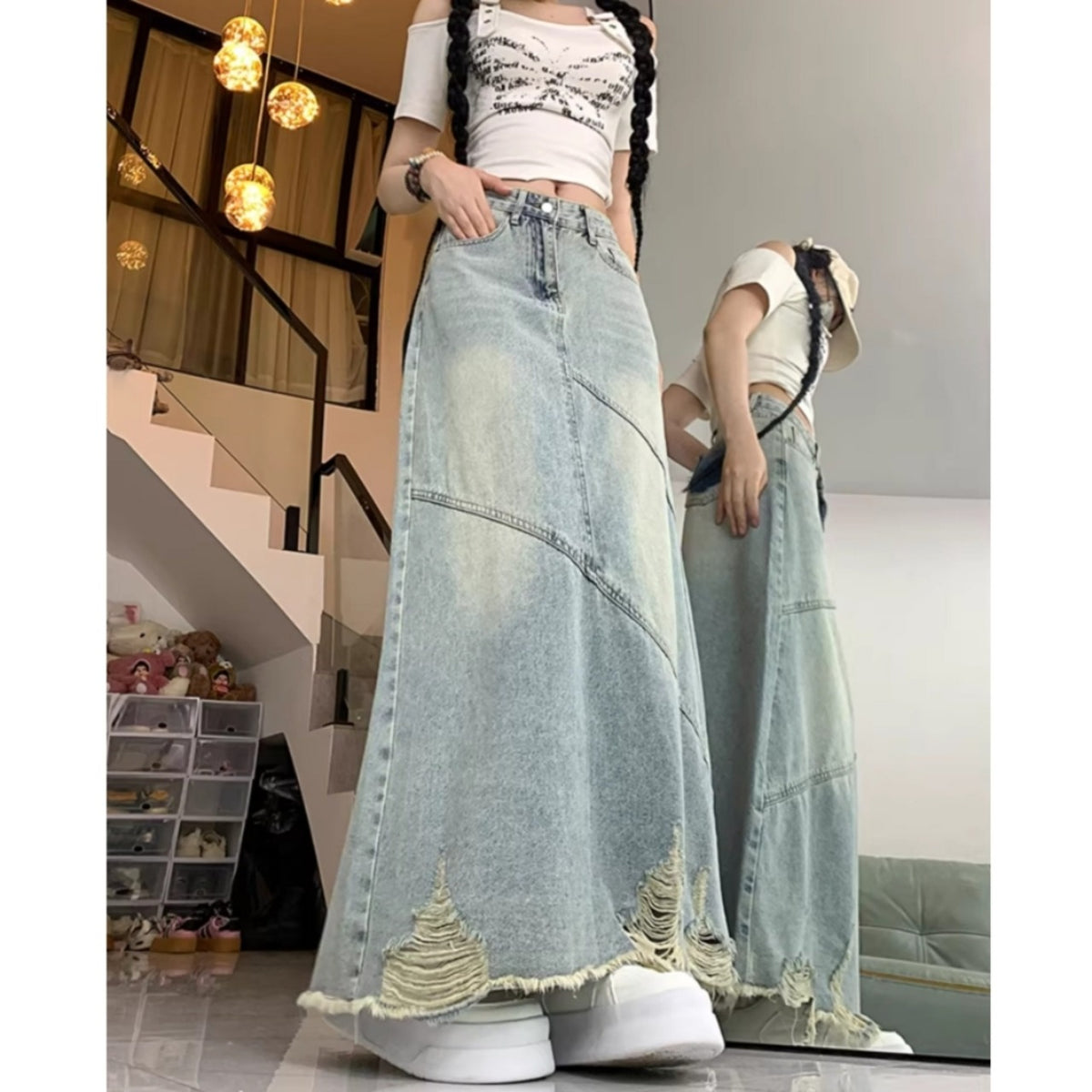 High-waisted long denim skirt D0313