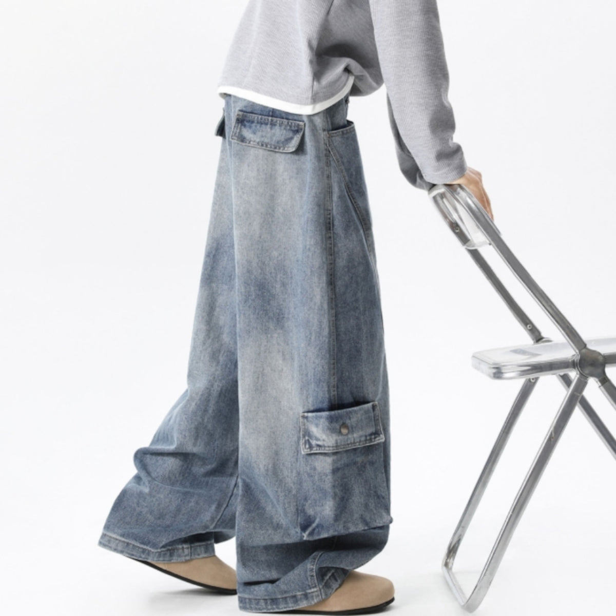 Wide-leg curved denim jeans D0310