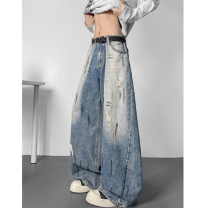 Wide-leg distressed denim jeans D0302