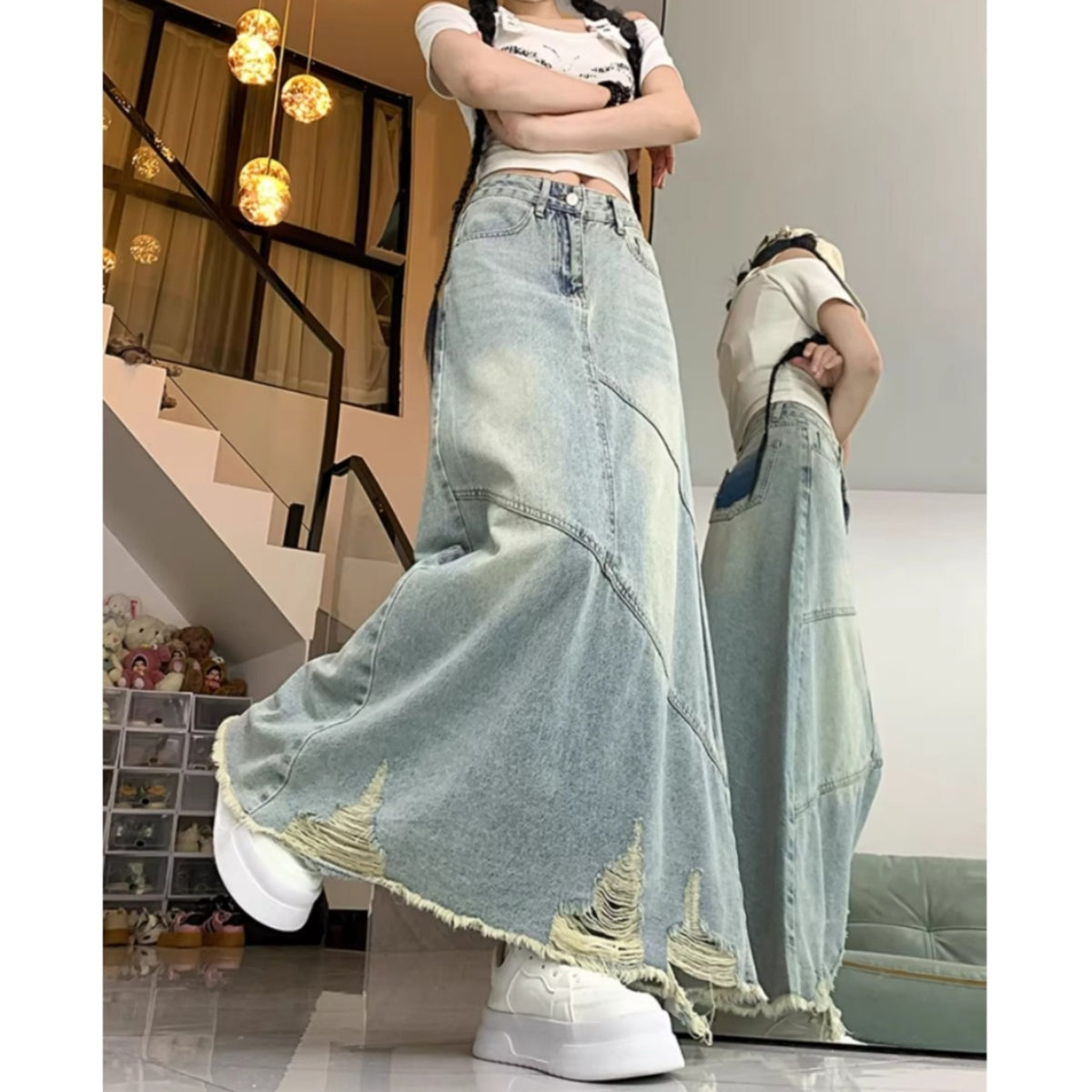 High-waisted long denim skirt D0313