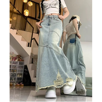 High-waisted long denim skirt D0313