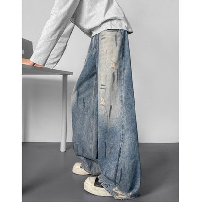Wide-leg distressed denim jeans D0302