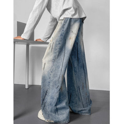 Wide-leg distressed denim jeans D0302