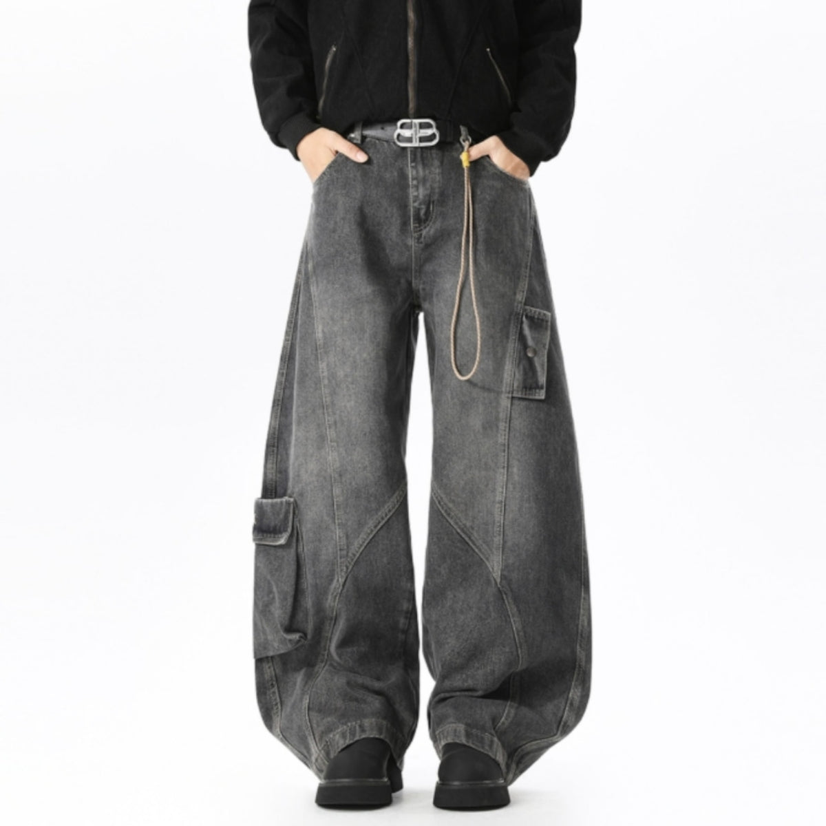 Wide-leg curved denim jeans D0310