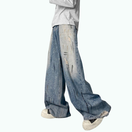 Wide-leg distressed denim jeans D0302