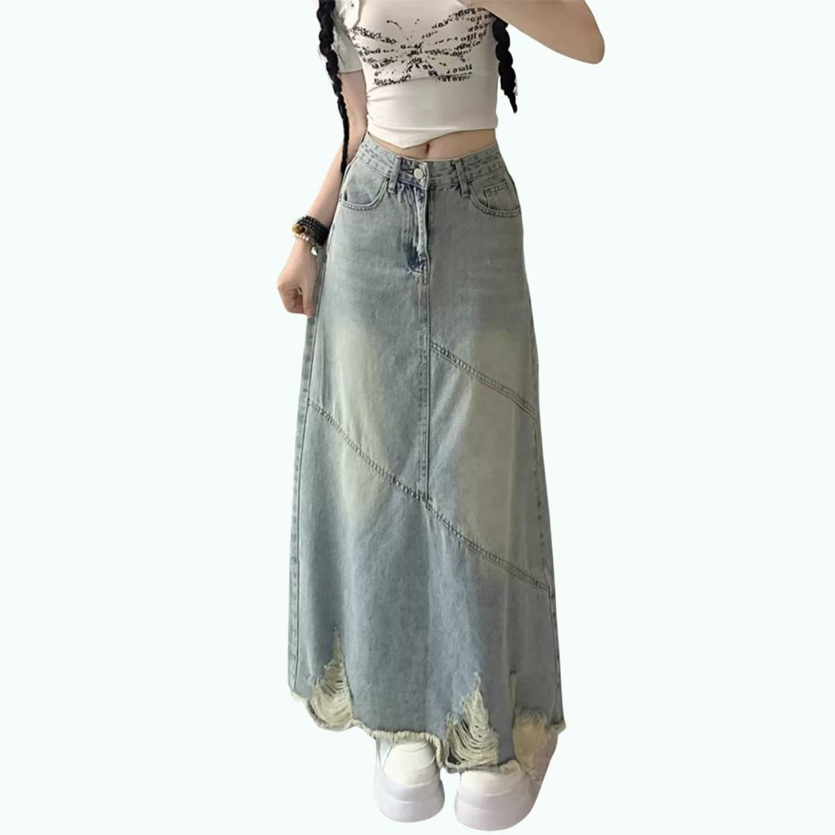 High-waisted long denim skirt D0313