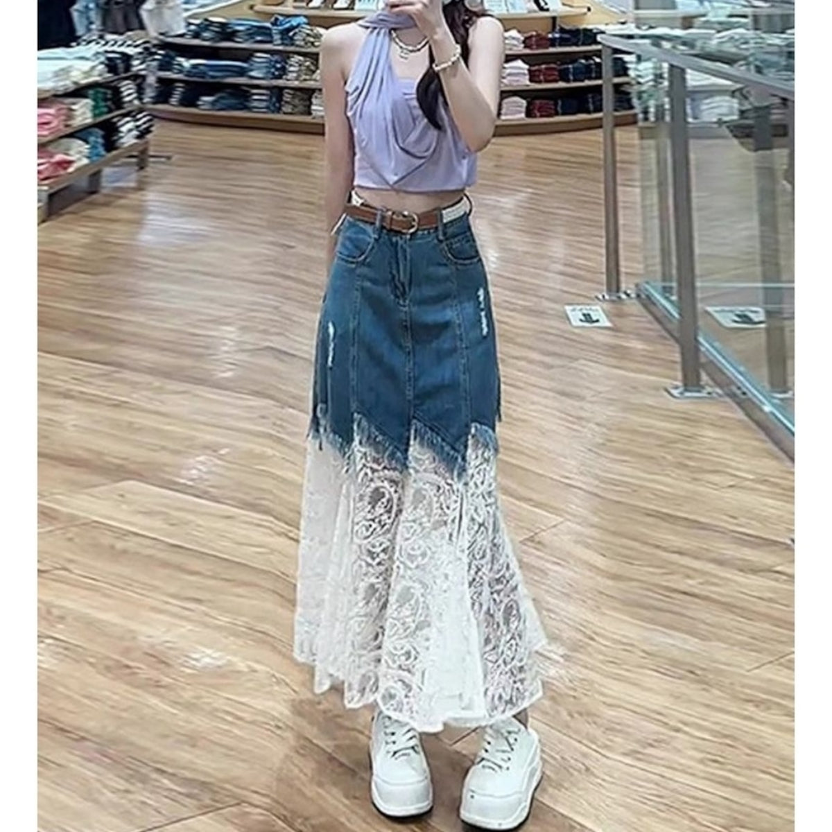 Lace & Denim Skirt D0316