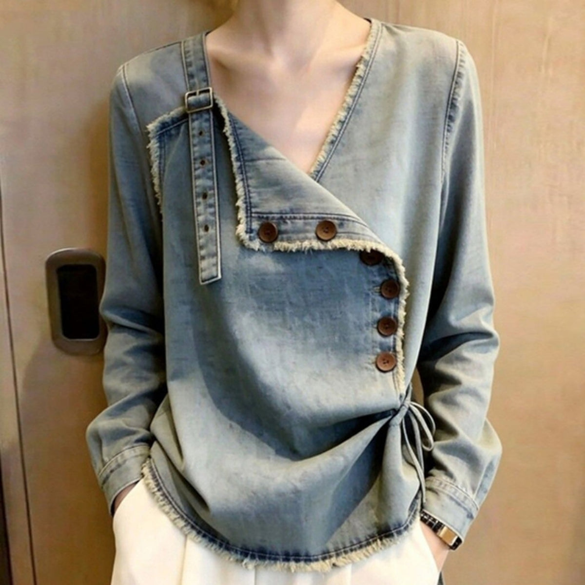 V-neck fringe denim tops D0328