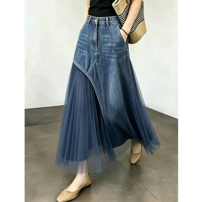 Denim & Mesh Long Skirt D0326