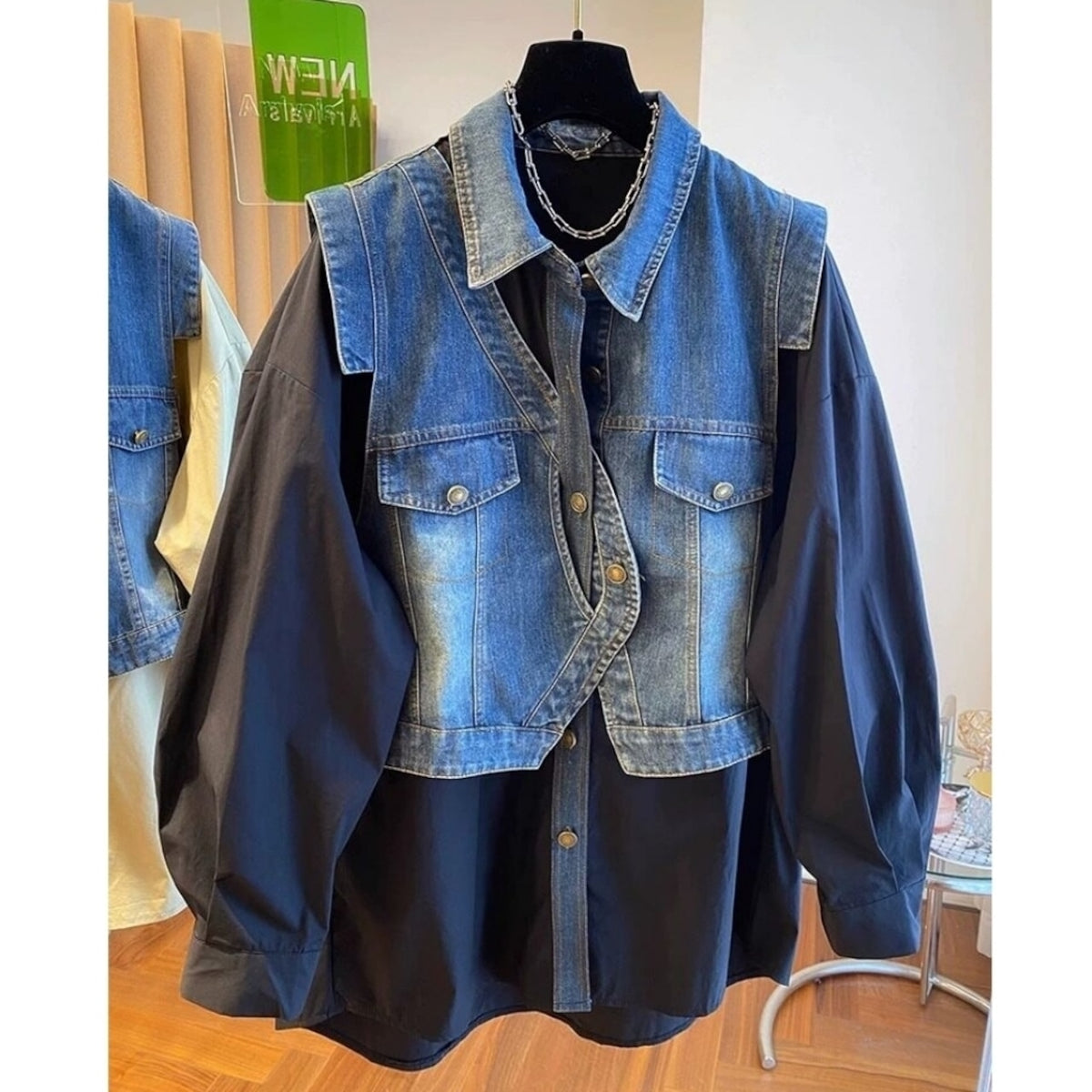Faux-layered denim vest D0288