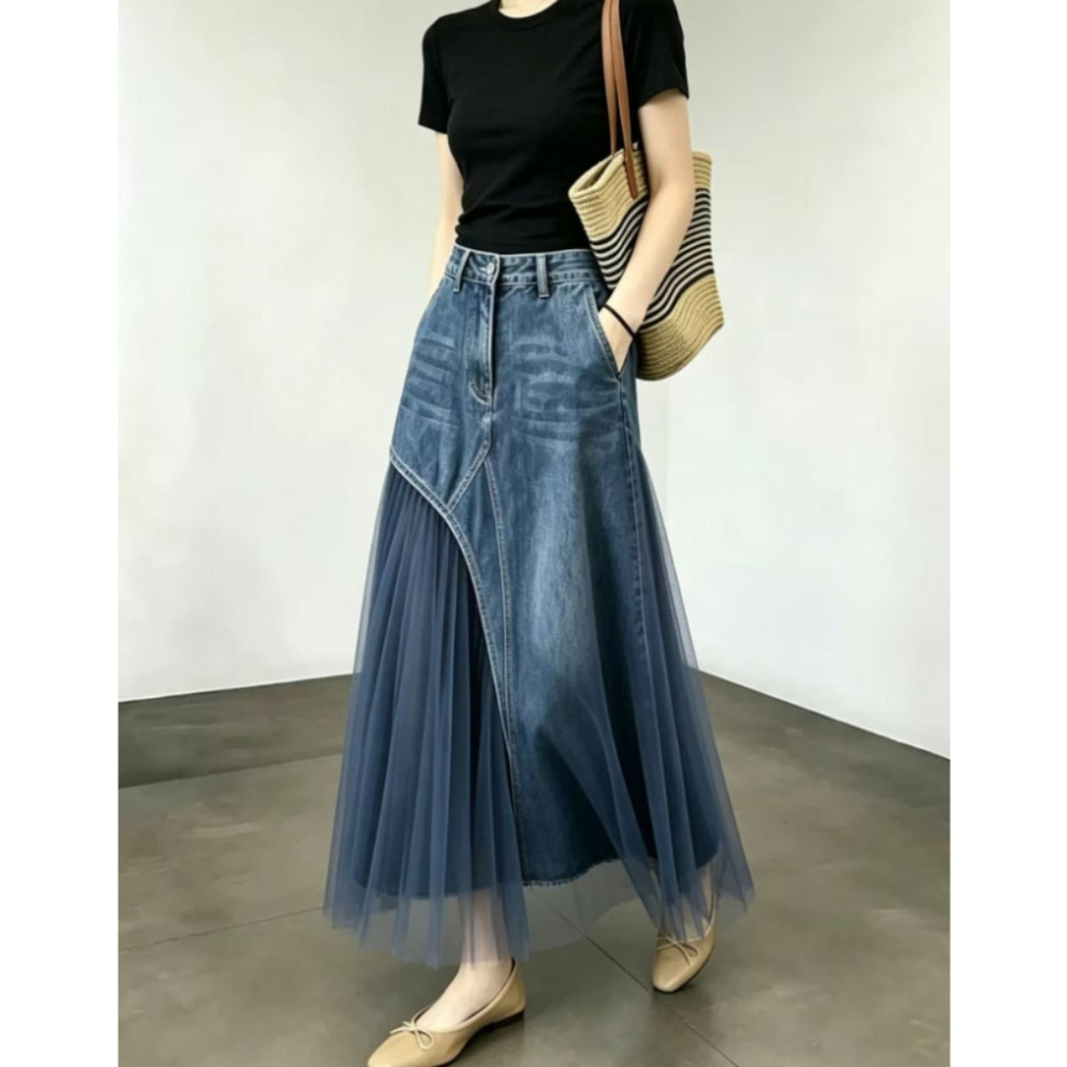 Denim & Mesh Long Skirt D0326
