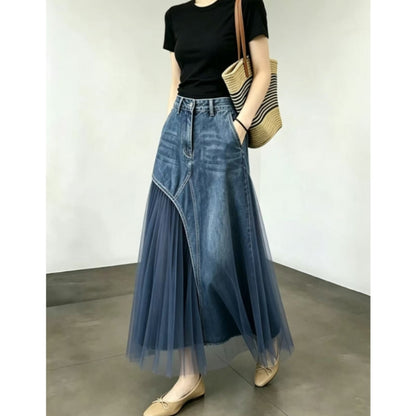 Denim & Mesh Long Skirt D0326