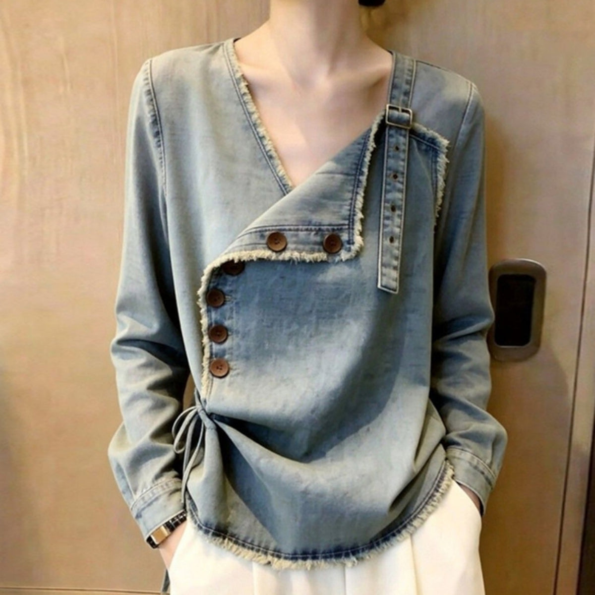 V-neck fringe denim tops D0328
