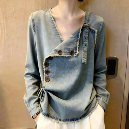 V-neck fringe denim tops D0328