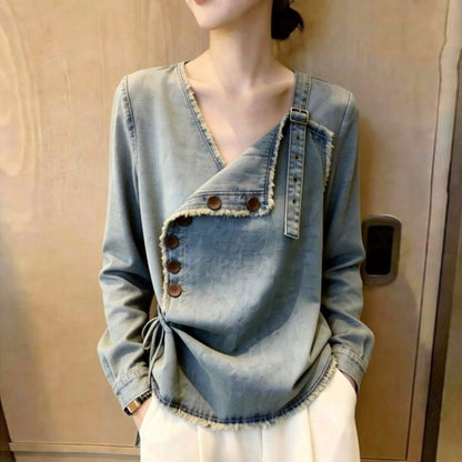 V-neck fringe denim tops D0328