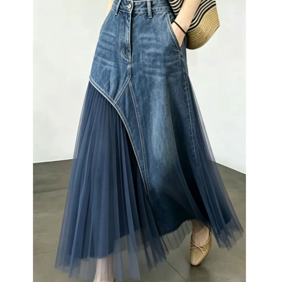 Denim & Mesh Long Skirt D0326