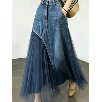 Denim & Mesh Long Skirt D0326