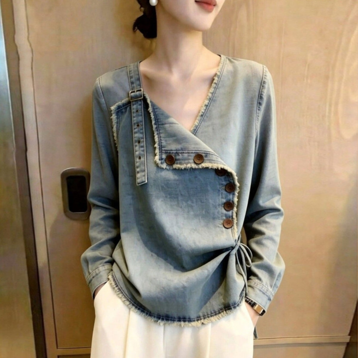 V-neck fringe denim tops D0328