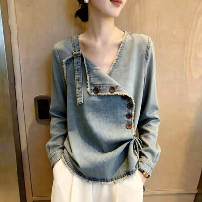 V-neck fringe denim tops D0328
