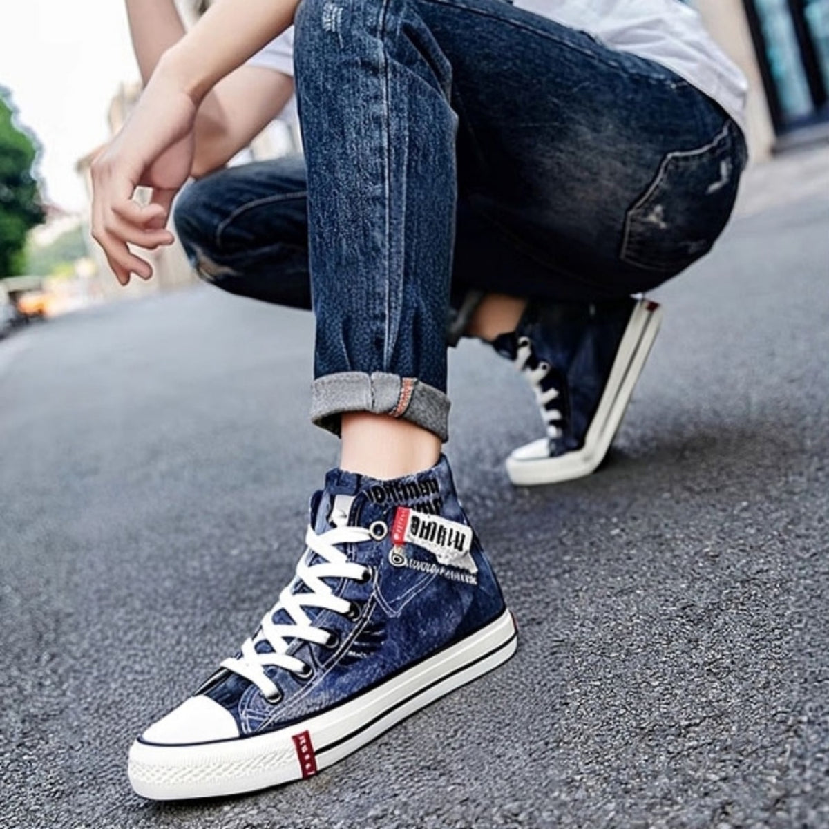 High-top denim sneakers D0339
