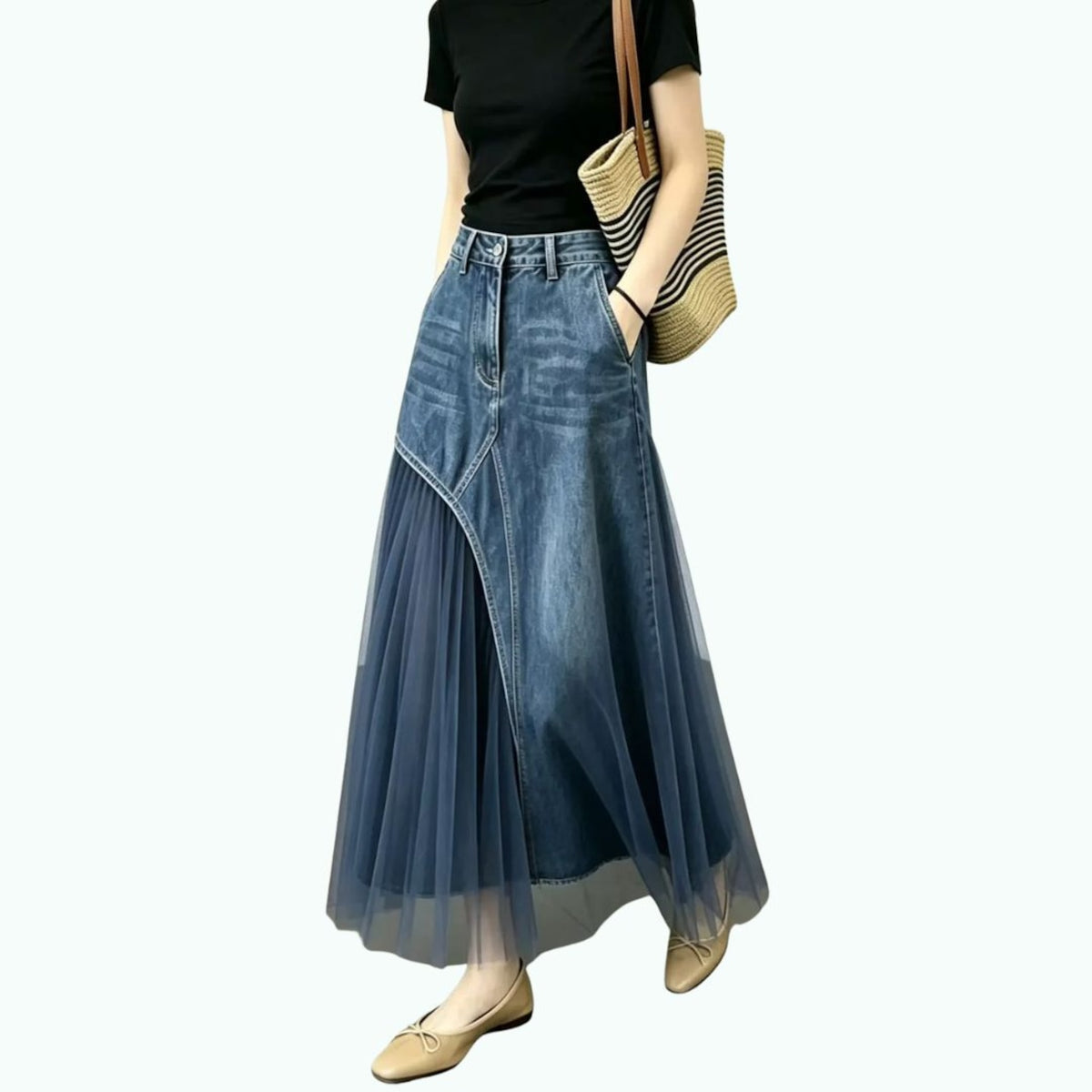 Denim & Mesh Long Skirt D0326
