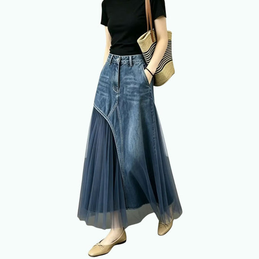 Denim & Mesh Long Skirt D0326