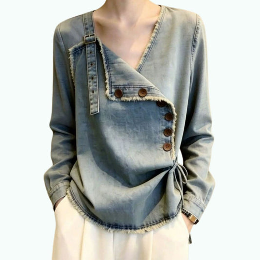 V-neck fringe denim tops D0328